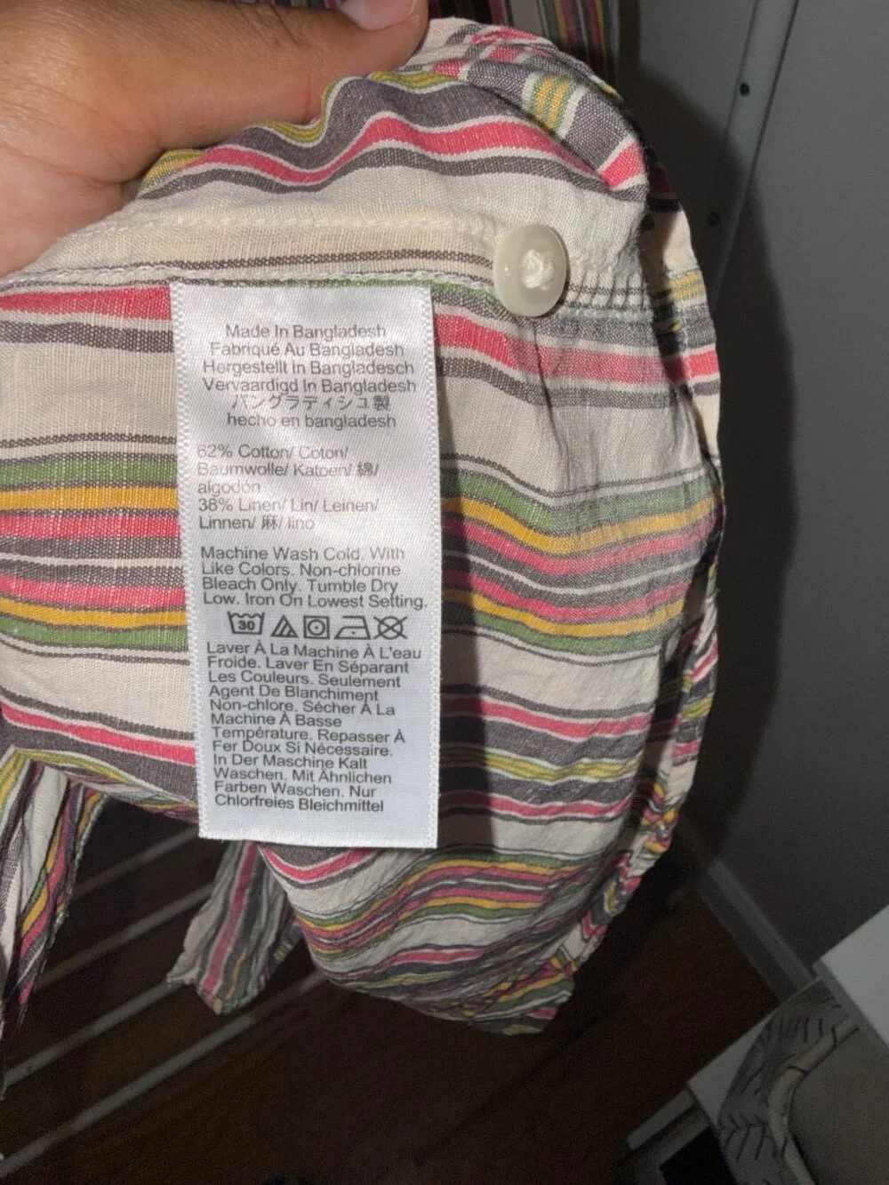 J.Crew Mens Large Classic Fit Short Sleeve Linen Cotton Multi Stripe Shirt